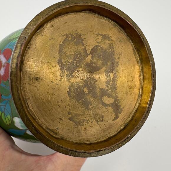 Antique Chinese Cloisonne Jade Green & Cobalt Blue Enameled 1920s Floral Vase - Picture 7 of 7